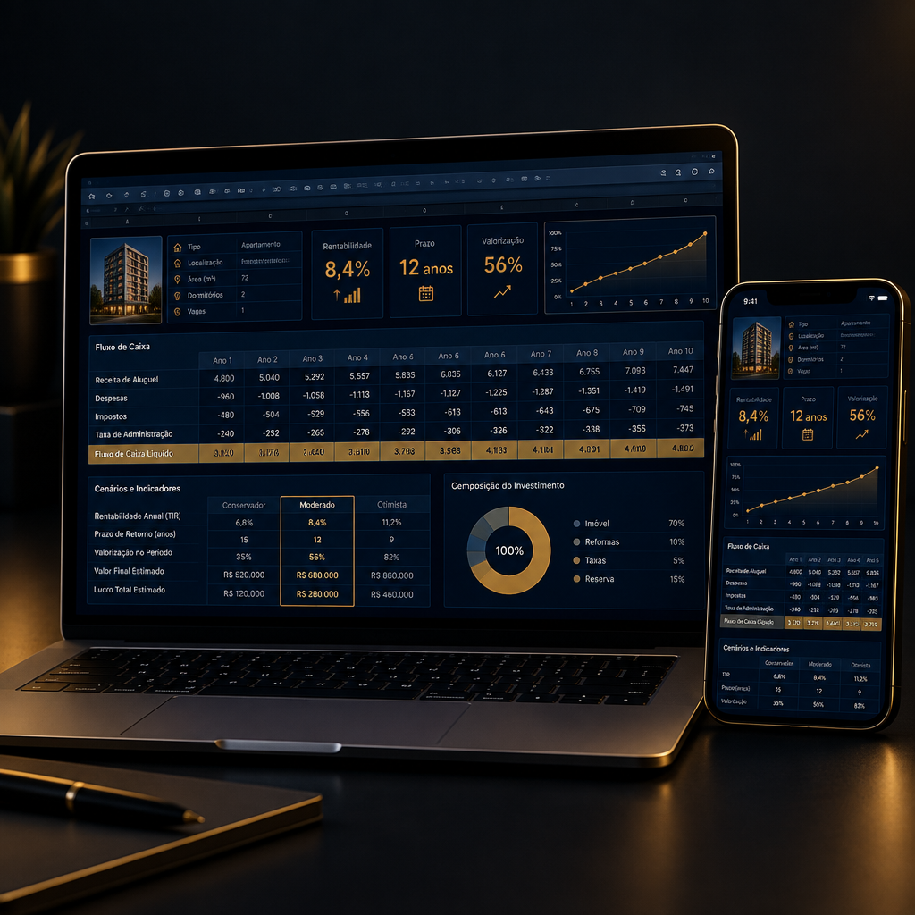 Planilha de análise imobiliária em notebook e celular
